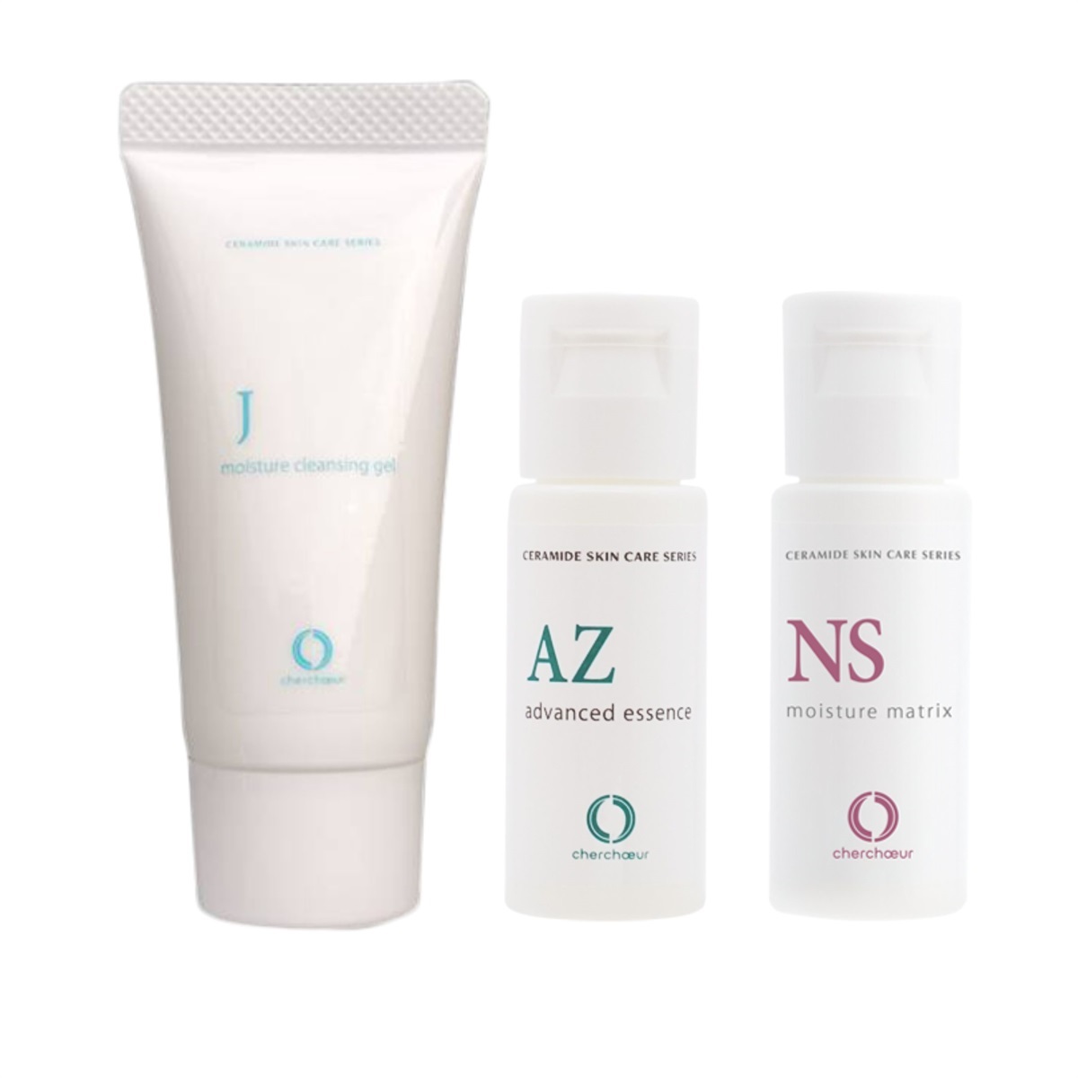 モスチャークレンジングジェルJミニ20g、モイスチャーマトリックスNSミニ10mL、アドバンストエッセンスAZミニ10mLのセット