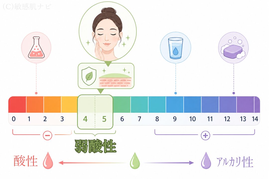 お肌は弱酸性に保たれていることを図示