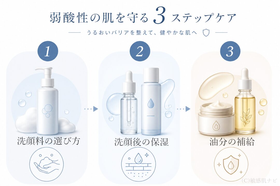 弱酸性のためのスキンケア3ステップ